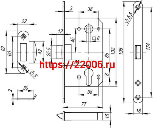 Корпус Fuaro (Фуаро) врезного замка c защёлкой PLASTP85C-50 (P85C-50) SG матовое золото фото 2