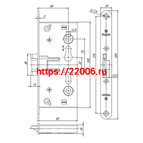 Корпус Fuaro (Фуаро) врезного замка c защёлкой FP.C-65.72-0432 (FL-0432) фото 3