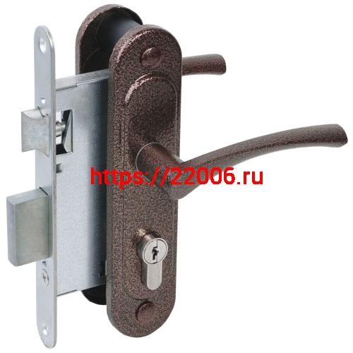 Замок Absolyute (Абсолют) врезной цилиндровый с защёлкой в комплекте с ручкой ЗВ4-3/07 (медь антик), 4 кл.