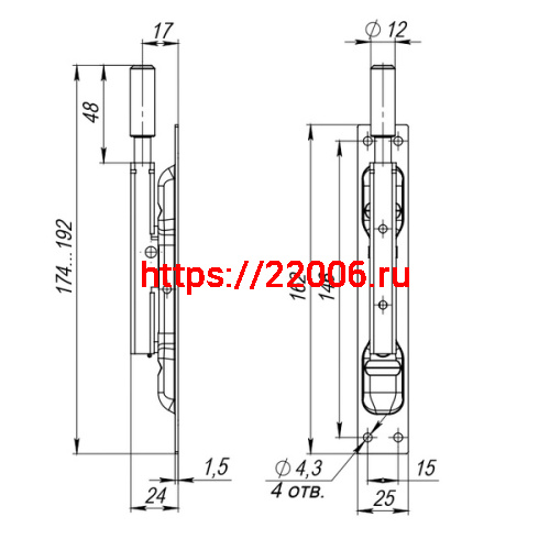 Задвижка Fuaro (Фуаро) торцевая RIGEL-set/160 D12x60mm (TDB set 160-24) в комплекте с ригелем фото 2