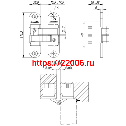 Петля Armadillo (Армадилло) скрытой установки U3D6200R SC правая (Architect 3D-ACH 60) мат. хром 60 кг фото 4