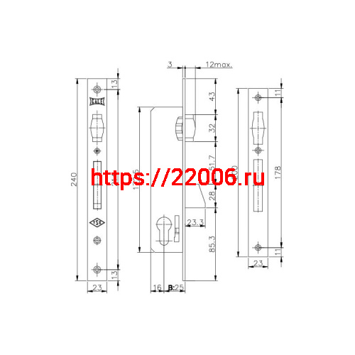 Корпус Kale kilit (Кале килит) узкопрофильного замка с роликовой защёлкой 255 (25 mm) w/b (никель) фото 3 Корпус Kale kilit (Кале килит) узкопрофильного замка с роликовой защёлкой 255 (25 mm) w/b (никель) фото 3