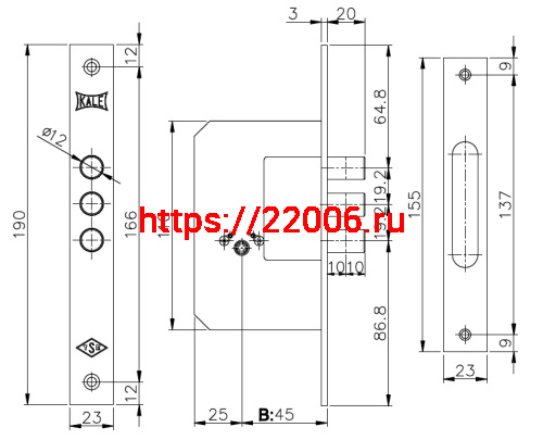 Замок Kale kilit (Кале килит) врезной крестообразный 189/3MF (45 mm) (латунь), 5 кл. фото 3