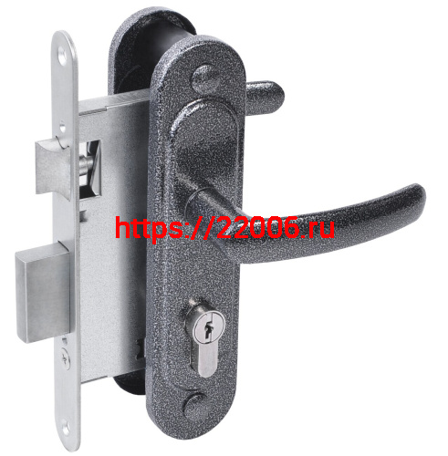 Замок Absolyute (Абсолют) врезной цилиндровый с защёлкой в комплекте с ручкой ЗВ4.2-08 (серебро антик), 4 кл.