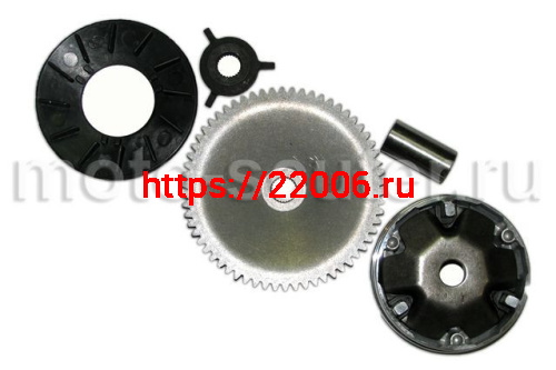 Вариатор 139QMB 50сс в сборе (ролики, наружный шкив, крыльчатка, палец, храповик) Вариатор 139QMB 50сс в сборе (ролики, наружный шкив, крыльчатка, палец, храповик)