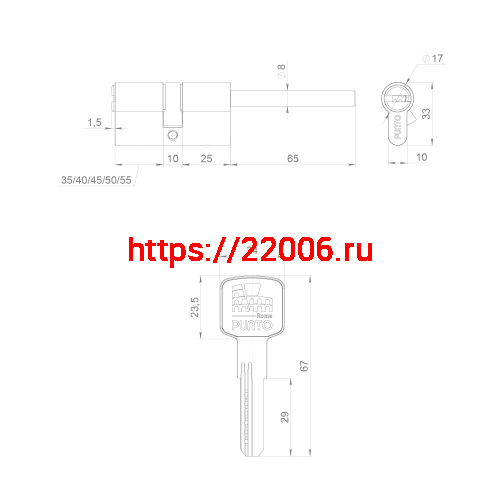 Цилиндровый Punto (Пунто) механизм Z3007Tang100(65+10+25) со штоком CP хром фото 3