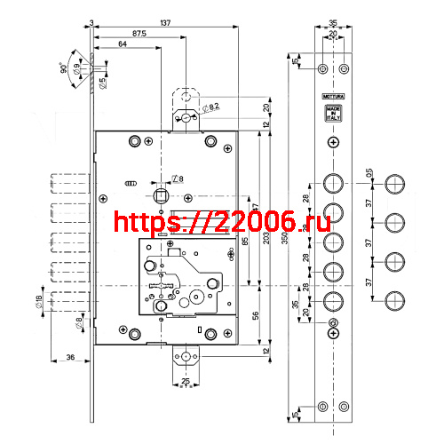 Замок Mottura (Моттура) врезной сувальдный 52.J525M-D MyKey (правый), ключ 60 мм, без накл. фото 3