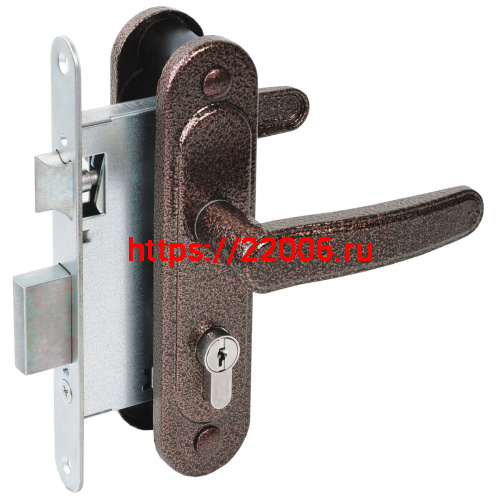 Замок Absolyute (Абсолют) врезной цилиндровый с защёлкой в комплекте с ручкой ЗВ4-3/03 (медь антик), 4 кл.