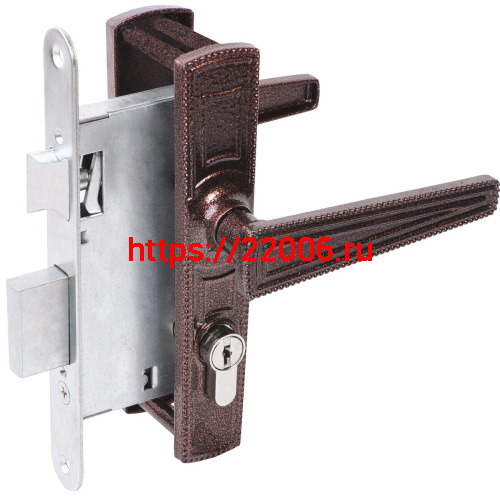 Замок Absolyute (Абсолют) врезной цилиндровый с защёлкой в комплекте с ручкой ЗВ4-3/01 (медь антик), 4 кл.