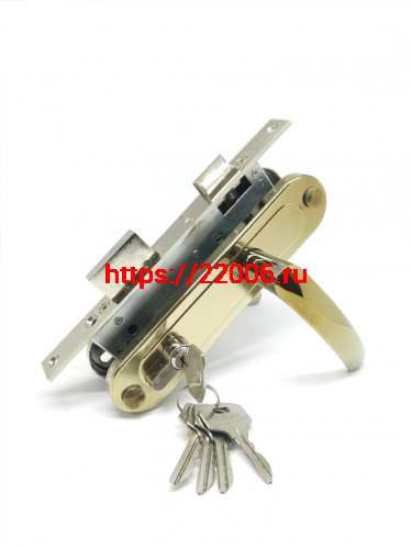 Замок Zenit (Зенит) врезной цилиндровый с защёлкой в комплекте с ручкой ЗВ7-70.4-02 (золото лак), 5 кл.