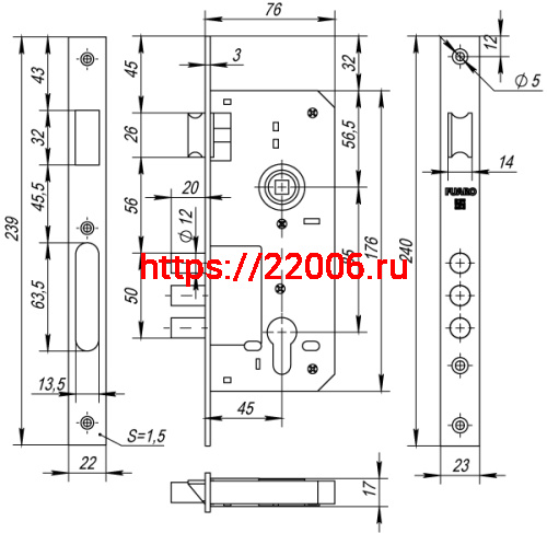 Корпус Fuaro (Фуаро) врезного замка с защёлкой DD900/C-45.85.3MR (900 3MR W/B) PB латунь фото 2