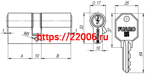 Цилиндровый Fuaro (Фуаро) механизм 100 CA 62 mm (26+10+26) CP хром 5 кл. фото 2